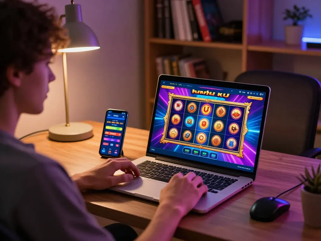 Nohu player engaging with an online slot game, showcasing a vibrant home gaming setup.