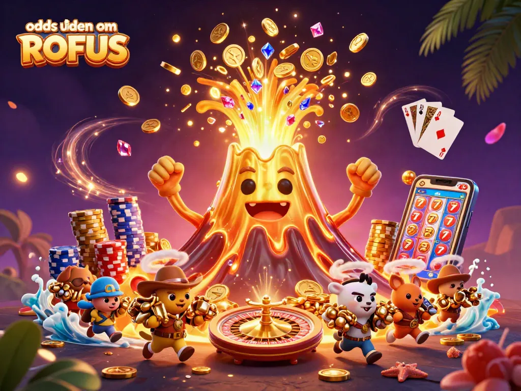 Experience thrilling bets with odds uden om ROFUS amidst a golden volcanic eruption of coins and gems.