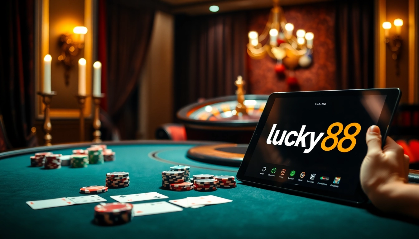 Feel the adrenaline rush at https://lucky88.faith/ with a high-stakes poker game setup and roulette wheel.