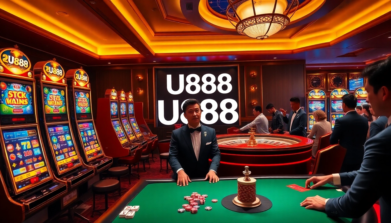 U888 online casino scene with vibrant slot machines, poker chips, and a roulette wheel driving excitement.