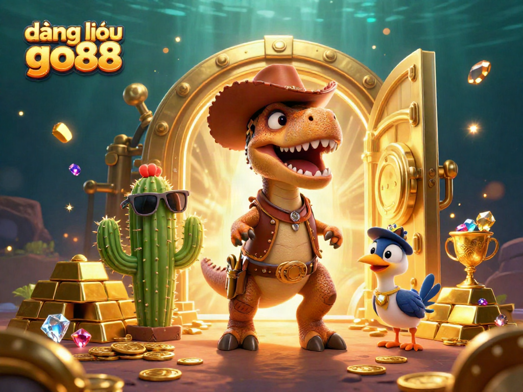 Experience exhilarating gaming moments with đăng nhập go88, featuring a T-Rex cowboy and shiny treasure elements.