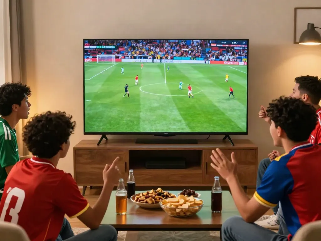 Cà khịa tv fans enjoying a thrilling live soccer match together in a cozy setting.