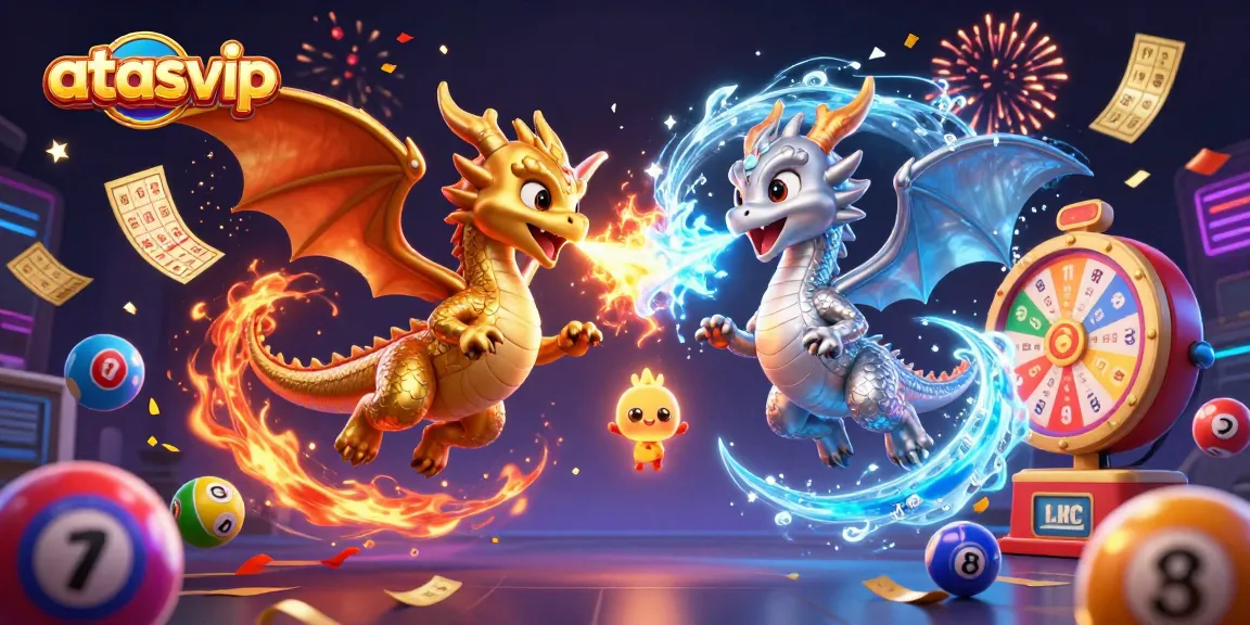 Engage in the exhilaration of at as vip gaming with animated dragons amidst colorful lottery elements and vibrant celebration.
