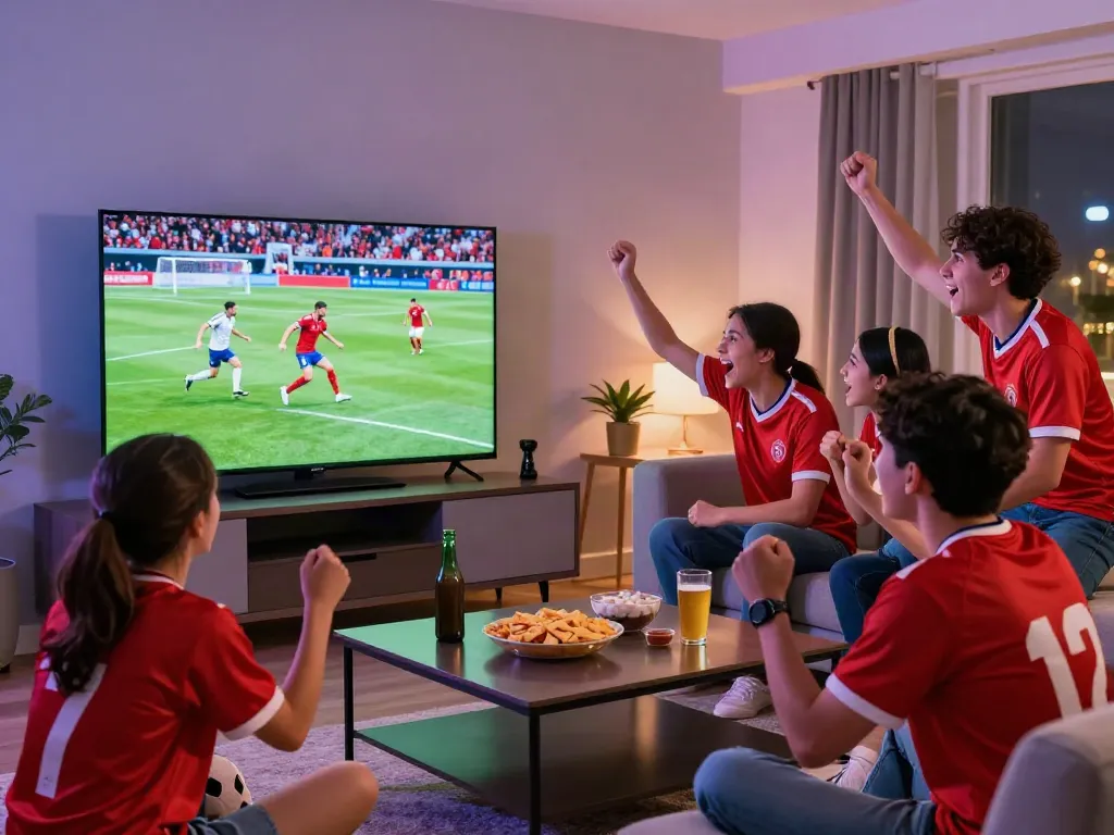 Fans enjoying thập cẩm tv with friends, cheering for their favorite football team during a live match.