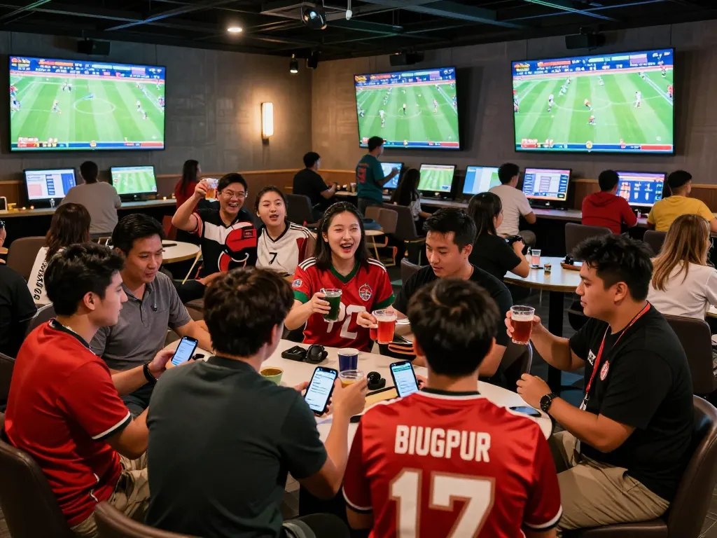 Experience kèo bóng đá trực tuyến excitement at a lively sports betting lounge with fans cheering.