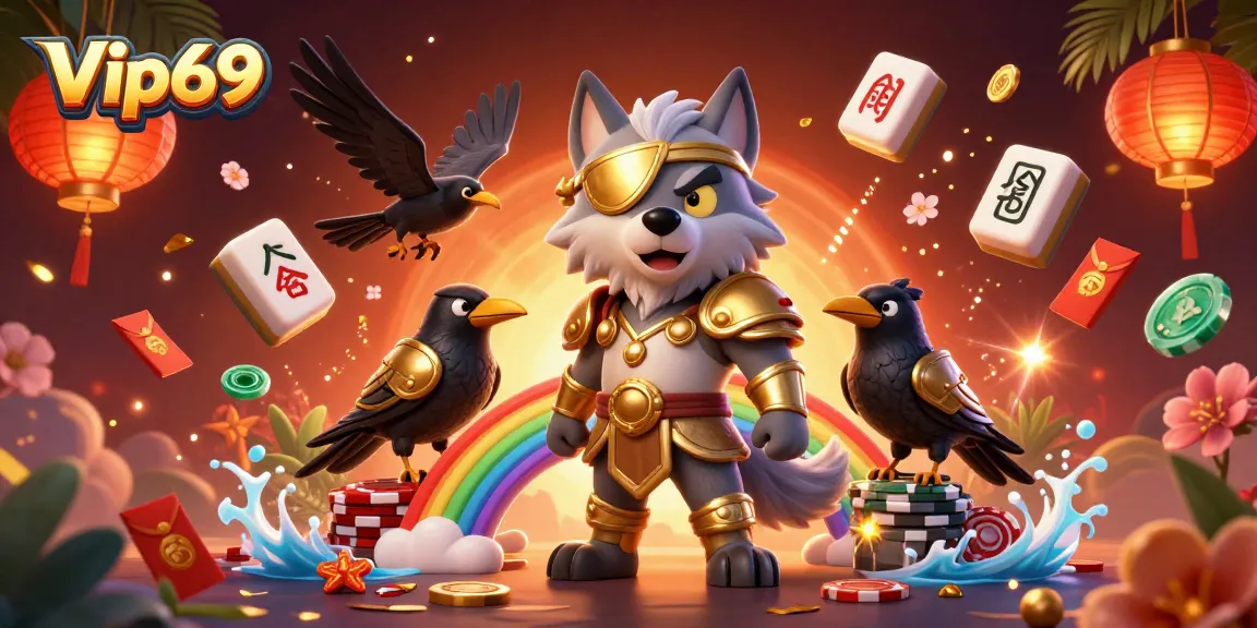 Engage in gambling excitement at Vip69 with a dynamic 3D casino illustration featuring Odin and his ravens amidst vibrant casino elements.
