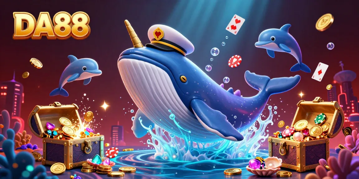 Watch a playful scene with DA88 characters amid colorful casino treasures and vibrant underwater life.