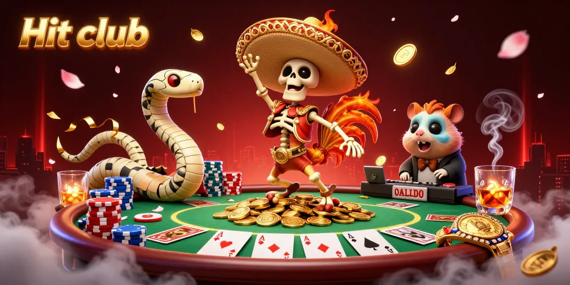 Hit club celebrates exciting poker action with vibrant characters dancing on coins amidst rich gaming elements.