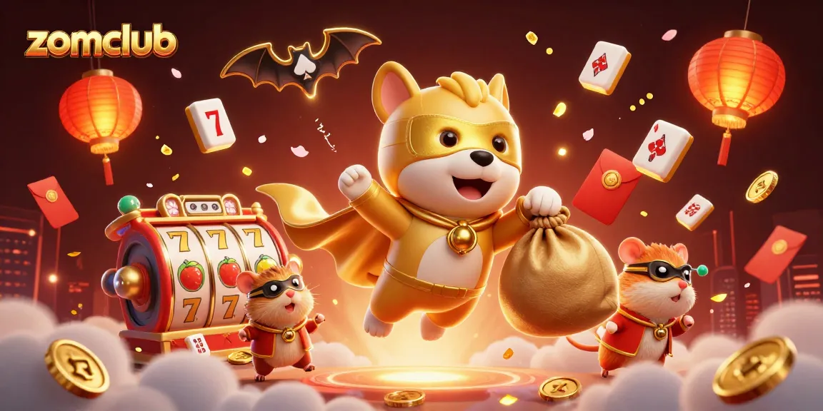 Zomclub's dynamic casino illustration featuring a heroic dog and hamster with slot machine elements