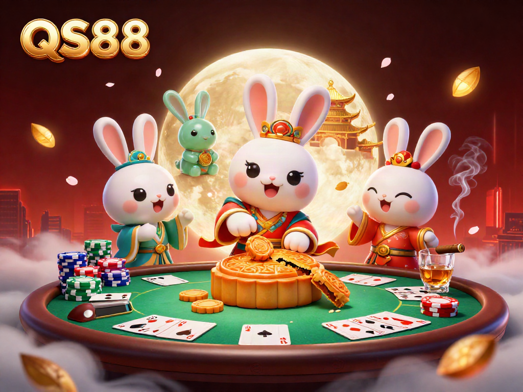 Engage with QS88's vibrant casino scene featuring moon rabbit, poker chips, and dynamic game elements.