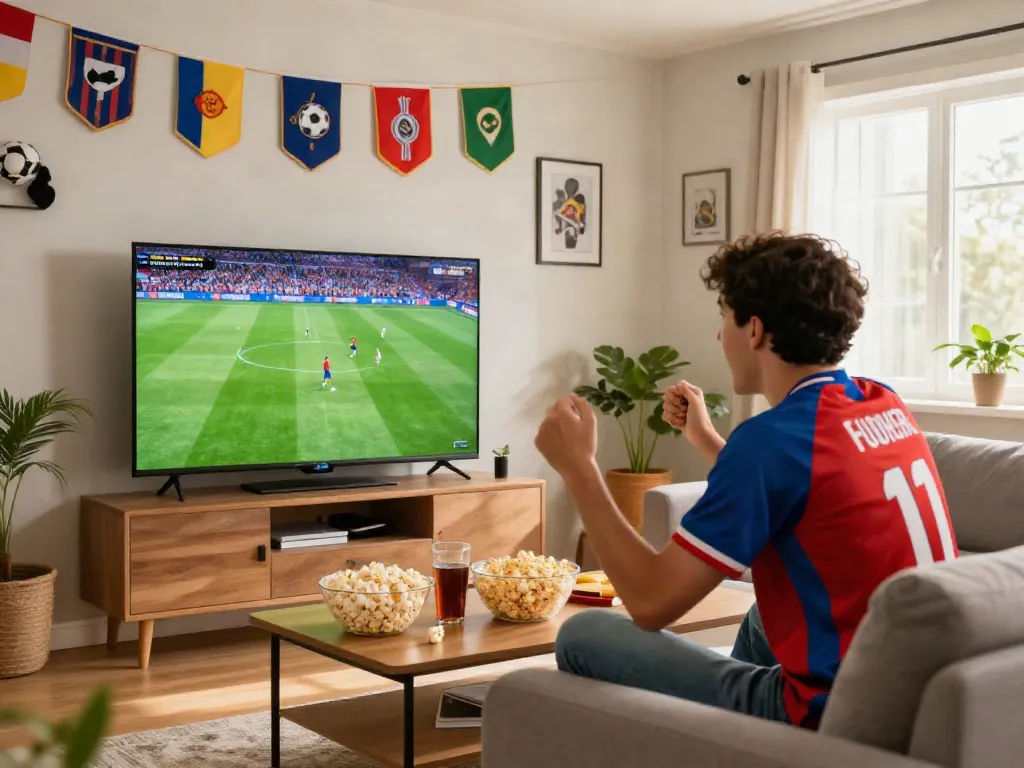 Excited fan enjoying gà vàng tv live football match in a cozy living room.