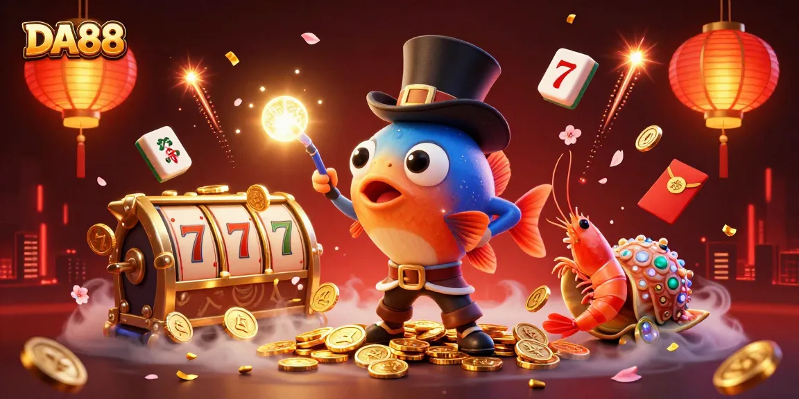 Experience the thrill of DA88 with glowing coins and gaming symbols in a vibrant underwater scene.