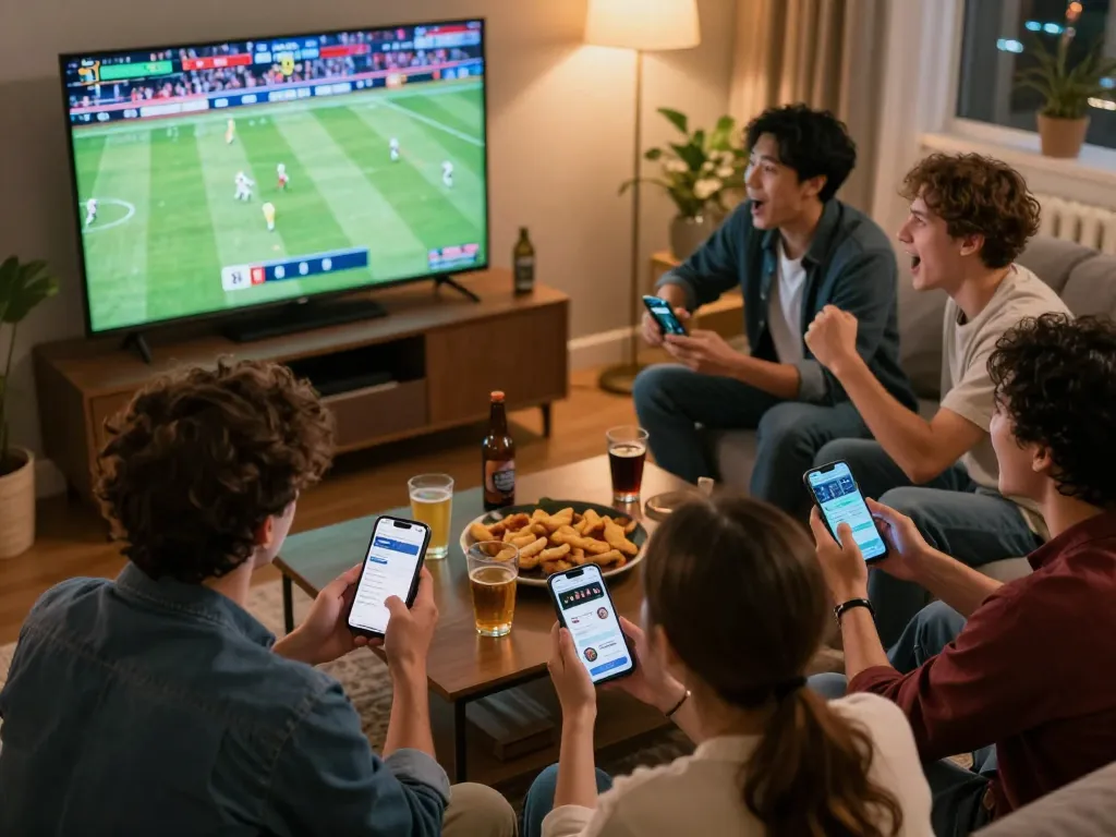 Xoilac sports betting scene with friends enjoying a match while using betting apps.