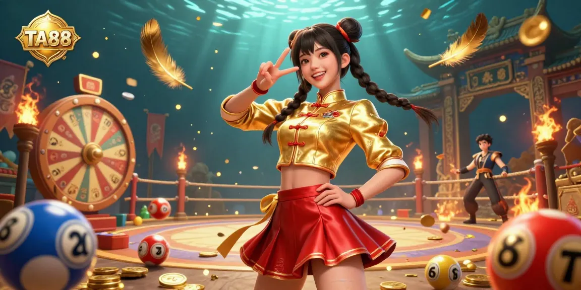 Experience the vibrant energy of TA88 with a stunning 3D illustration, featuring casino elements and an engaging character.