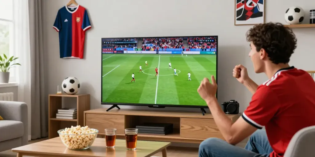 Cà khại tv football fan watching live match in high definition from a cozy living room.