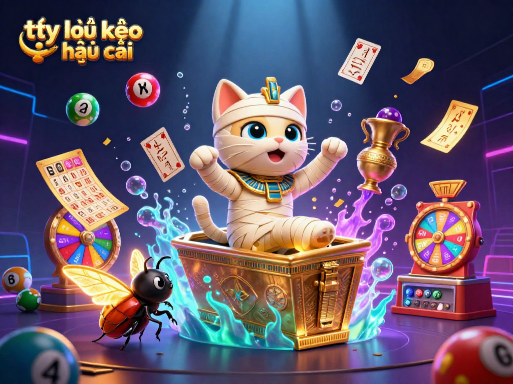 Bet on tỷ lệ kèo nhà cái with vibrant Egyptian mummy cat and golden elements for an exciting gaming experience