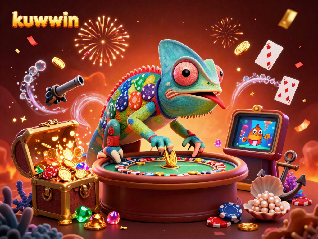 kuwwin casino owner chameleon collects coins in a vibrant gaming scene