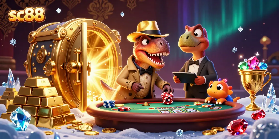sc88 engages players with a thrilling blackjack scene featuring animated dinos amidst sparkling treasures.