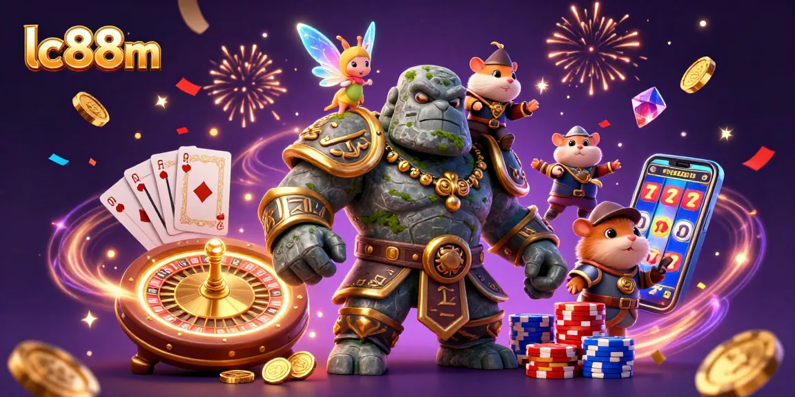 Experience the thrill of lc88m with vibrant casino games and golden treasures in a magical scene.