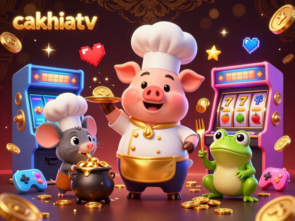 Join the cakhiatv casino fun with characters serving gold coins in a vibrant, colorful gaming scene.