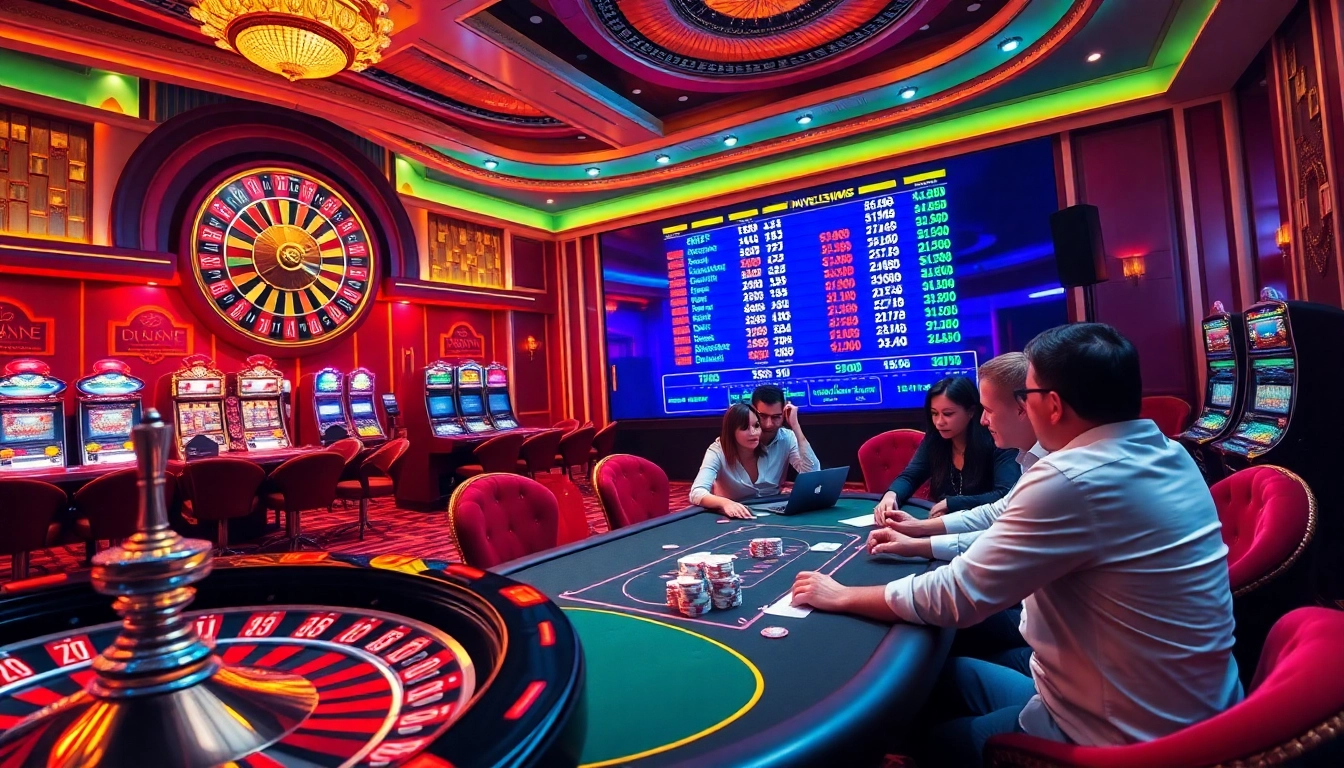 Kryptovalutakurser displayed on a digital board in an exhilarating casino with poker and roulette tables.
