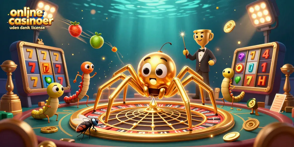Experience excitement with online casinoer uden dansk licens, where a golden spider spins a roulette web amidst vibrant casino elements.
