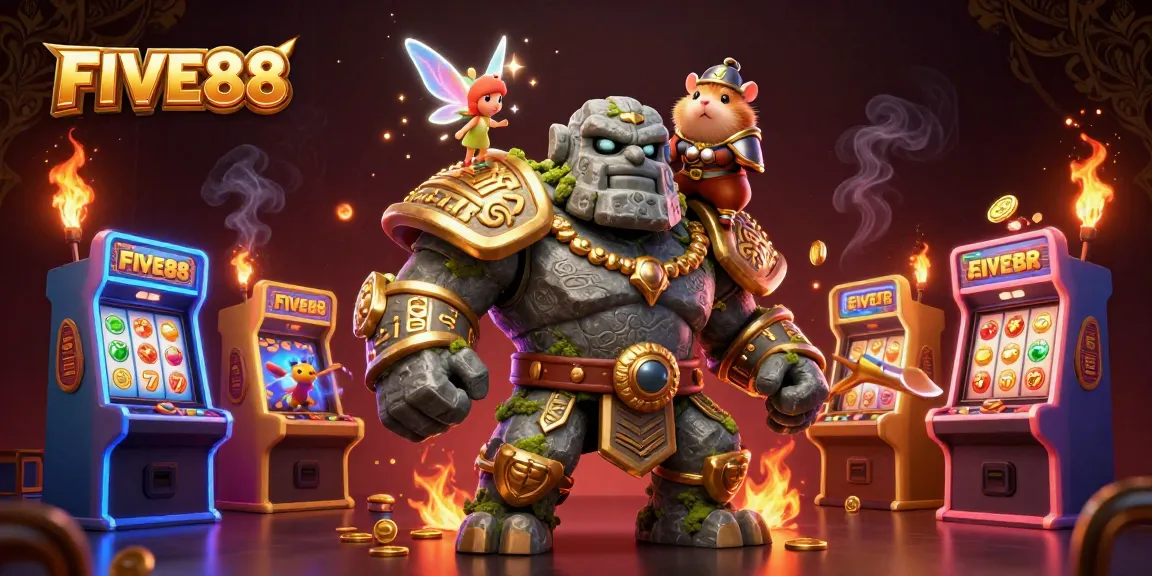 Experience the thrill of FIVE88 gaming with an enchanted golem, fairy, and hamster knight in a vibrant casino.