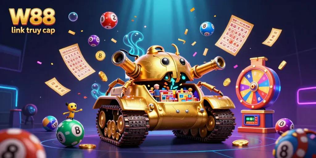 Engage with the exciting W88 link truy cập experience as a golden beetle tank showcases a lively casino scene with vibrant game elements.