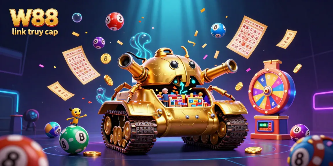 Engage with the exciting W88 link truy cập experience as a golden beetle tank showcases a lively casino scene with vibrant game elements.