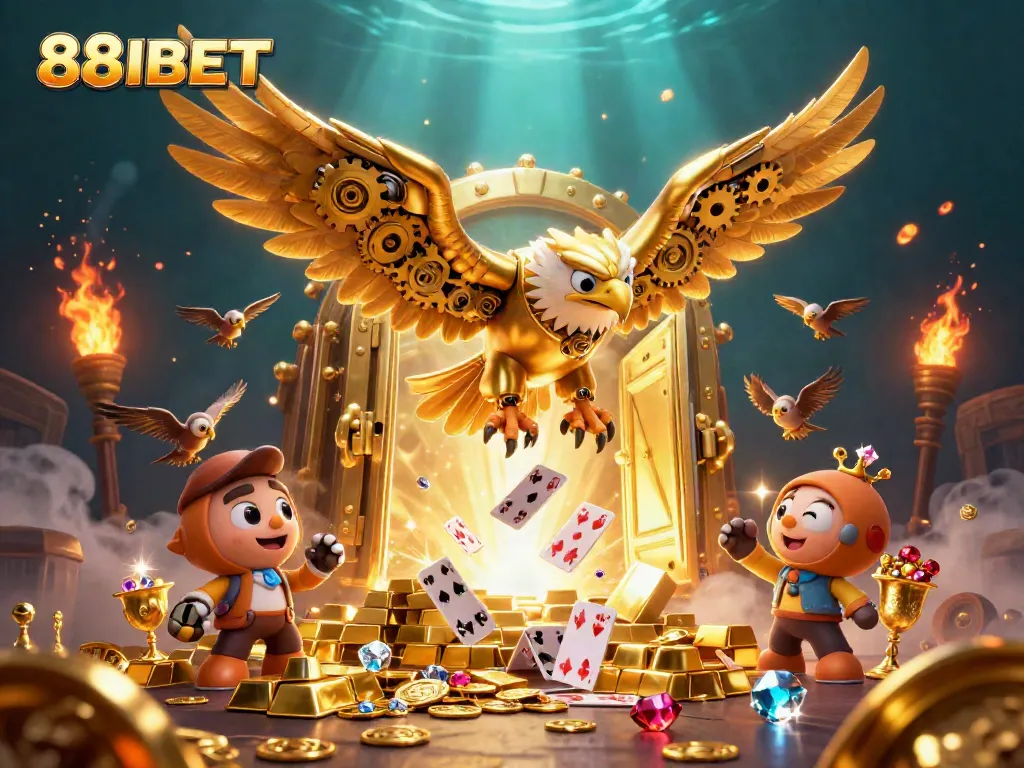 Join the excitement with 88IBET in an ultra-detailed 3D casino illustration featuring treasure and games.