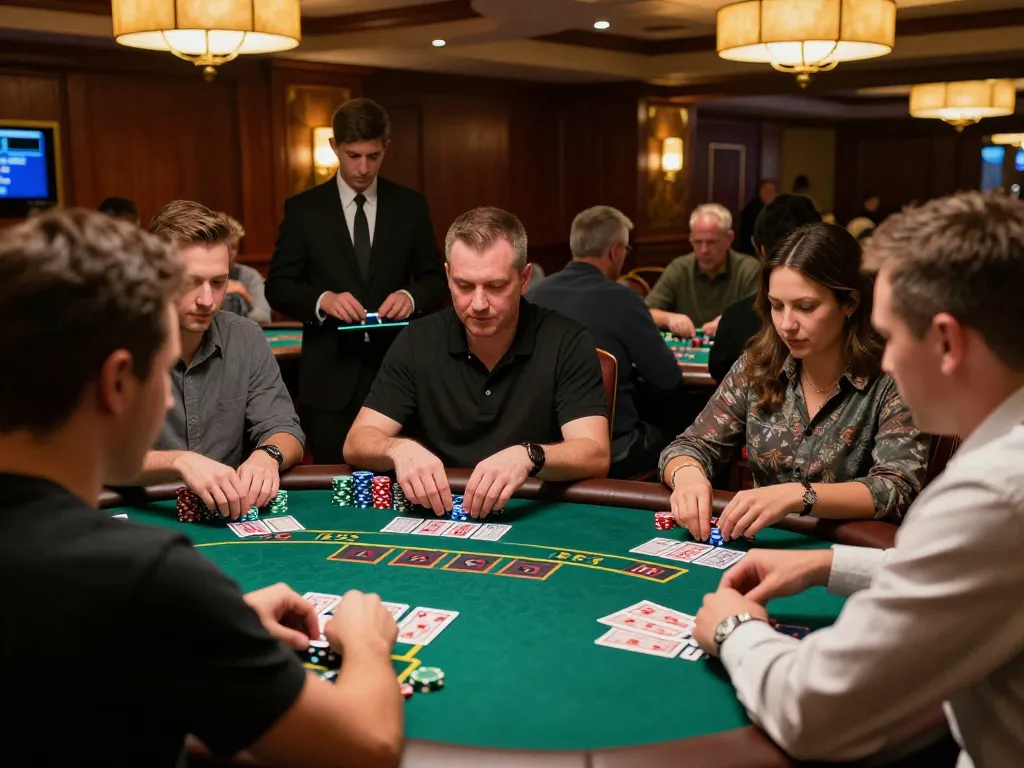Players enjoying an intense game of blackjack at lu88vip casino, showcasing high-stakes gameplay and professional atmosphere.