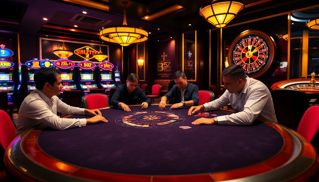 Players enjoying high-stakes games at B52 Club casino with vibrant slot machines and poker action.