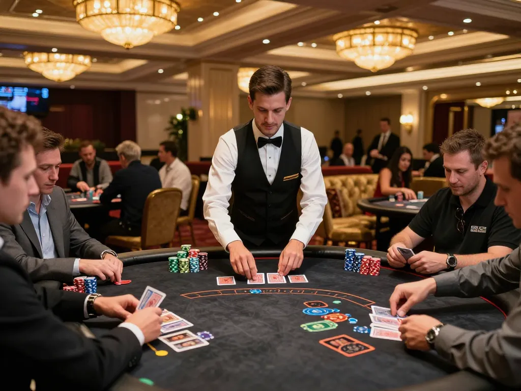 Players enjoying a high-stakes blackjack game at hit-club casino, professional dealer engaged with chips and cards.
