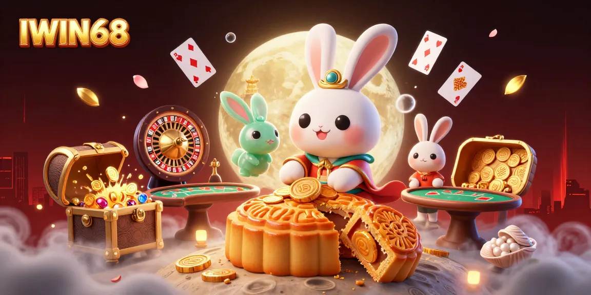 IWIN68 offers engaging casino action as a moon rabbit pounds mooncakes revealing poker chips in a vibrant 3D scene.