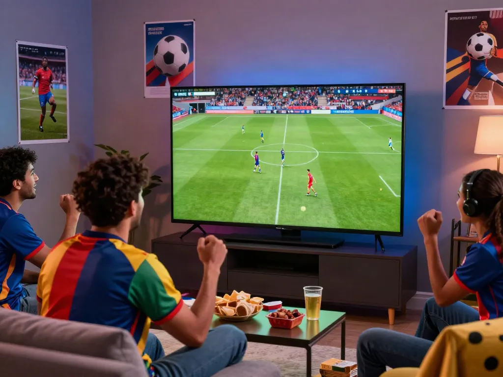 Excited soccer fan enjoying gà vàng tv live match with friends and snacks.