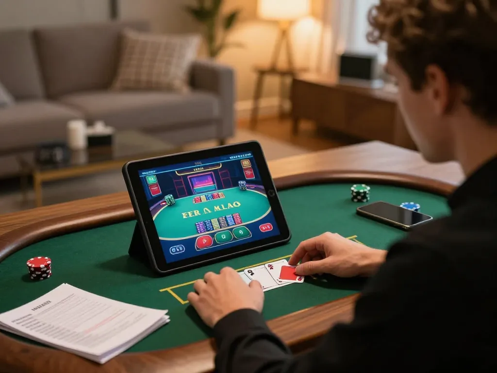 Player engaging in live dealer poker game at VB88 on tablet with strategic notes visible
