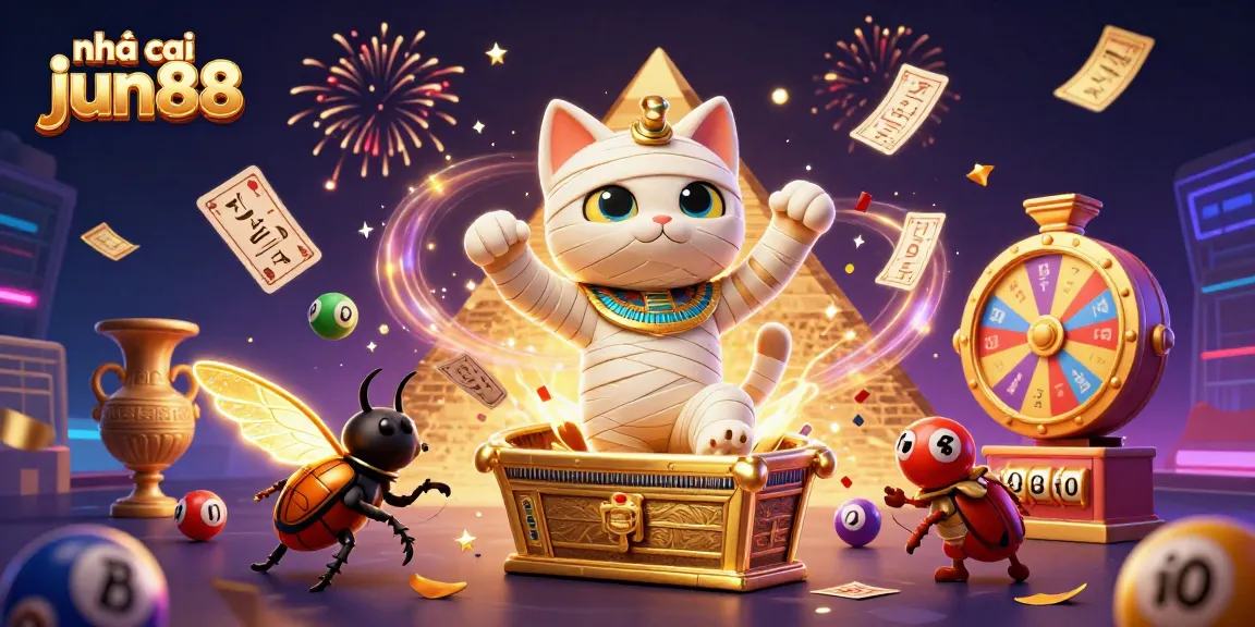 Engage with nhà cái jun88's thrilling adventures featuring a cartoon mummy cat and scarab beetle in a vibrant casino scene.