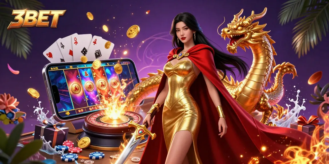 Experience thrilling gaming adventures with 3BET, featuring a warrior queen and golden dragon amidst casino elements.