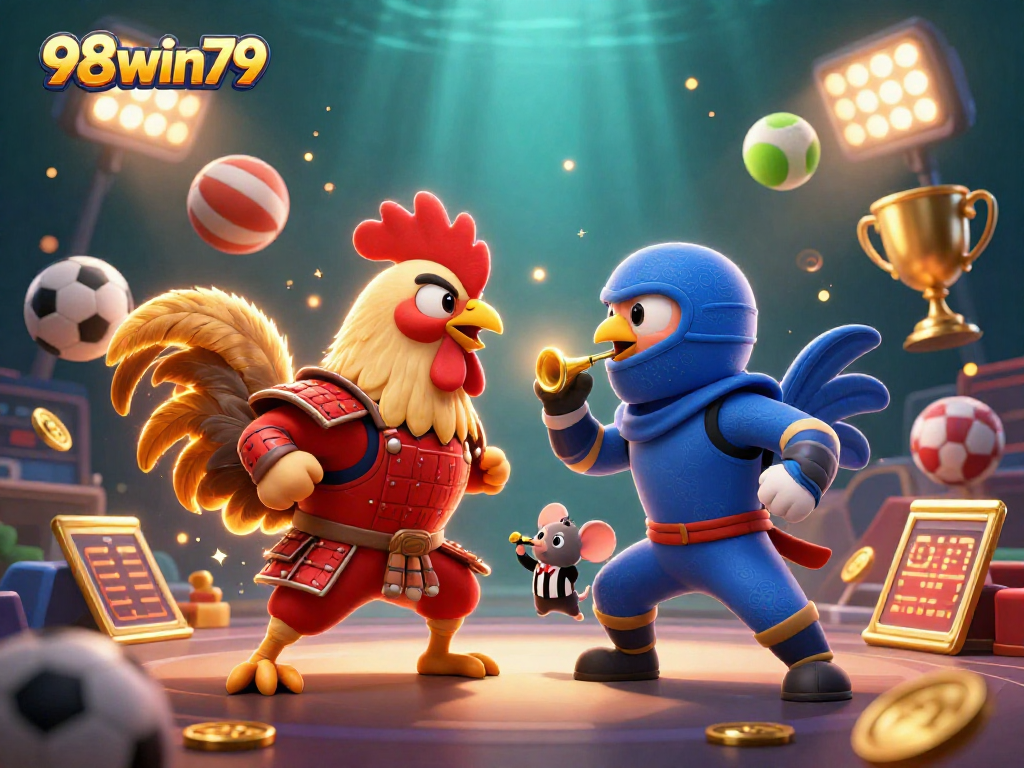 Engage with action at 98win79 featuring epic rooster battle amidst vibrant casino elements.