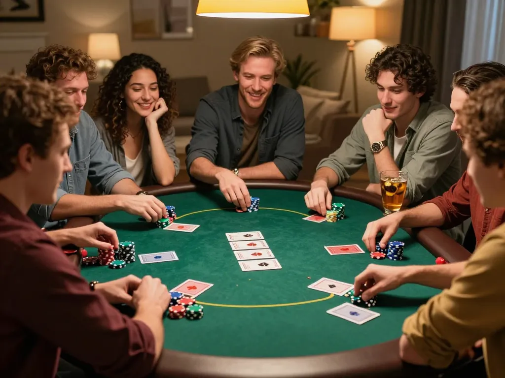 Enjoying a lively poker night with friends while playing luckywin together.