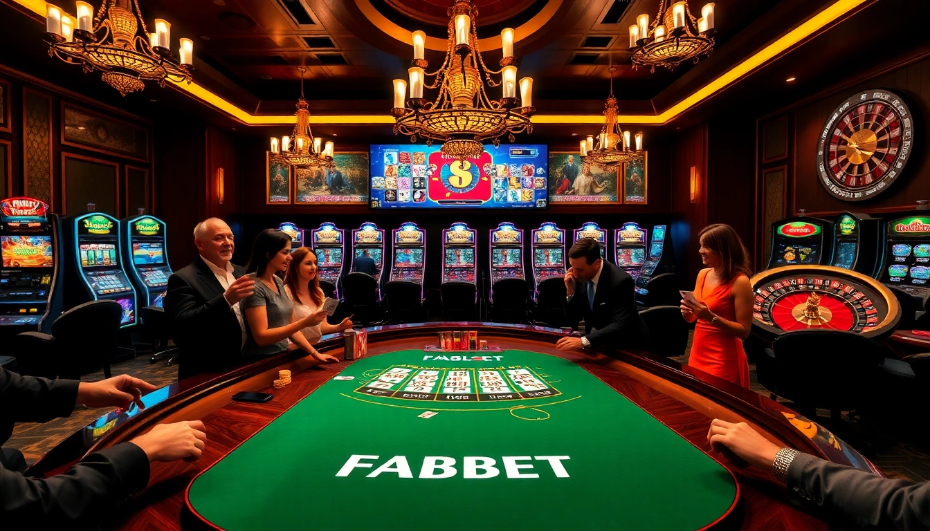 Betting excitement at FABET's online casino with players at blackjack and vibrant slots.