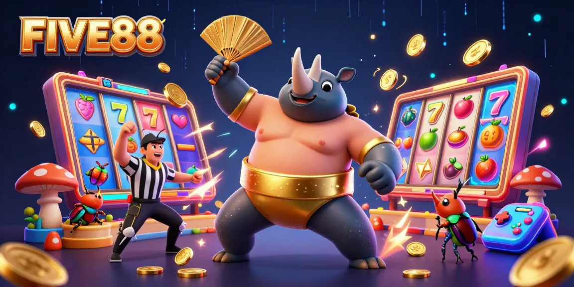 Experience thrilling gameplay with FIVE88 in an exciting cartoon casino scene filled with vivid slot game elements.