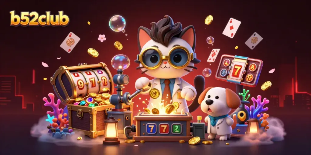 B52club’s vibrant gaming scene showcases dynamic slot reels and playful characters in a captivating illustration.