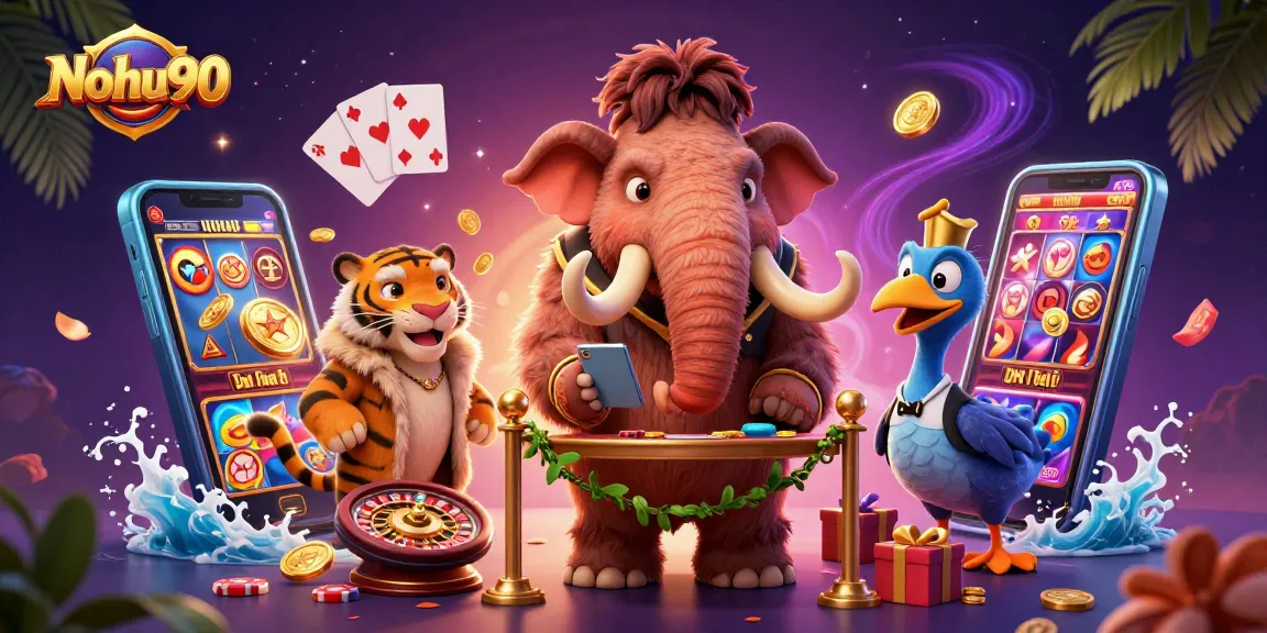 Nohu90 showcases a vibrant casino scene with a woolly mammoth checking IDs at the door, enhancing excitement