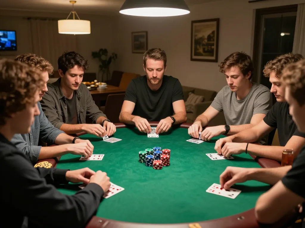 Engaged friends enjoying a poker night with sunwin cards and vibrant chips at a cozy home.