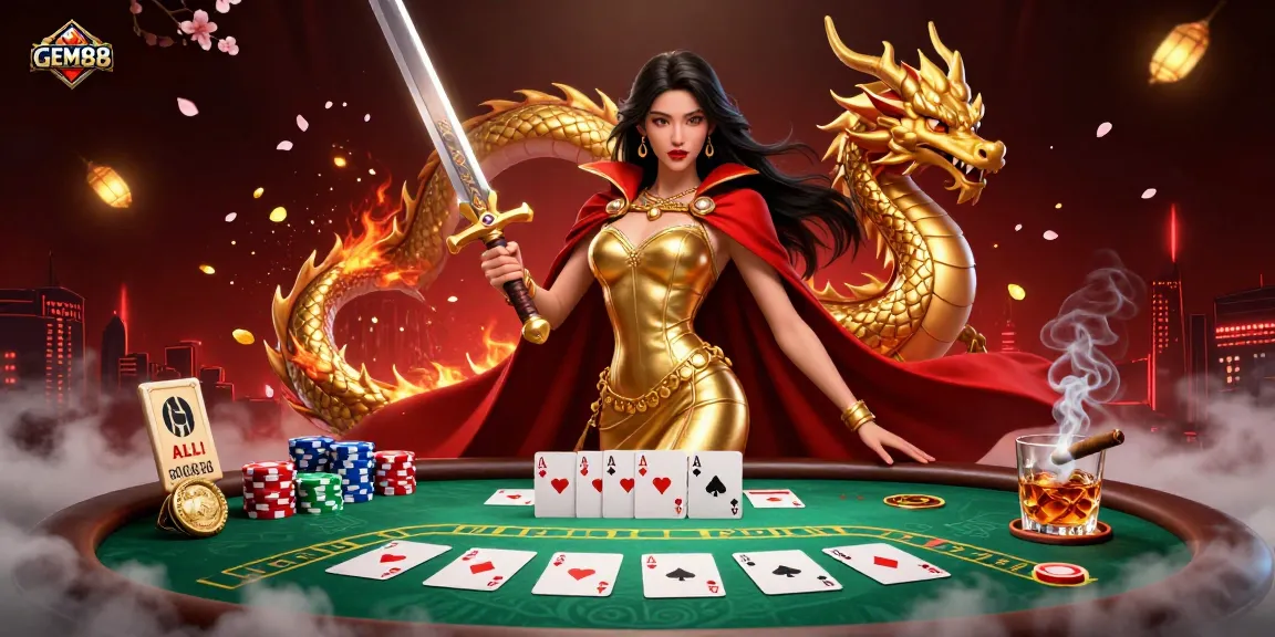 GEM88 showcases thrilling gameplay with golden elements surrounding an Asian warrior queen in a dynamic casino scene.