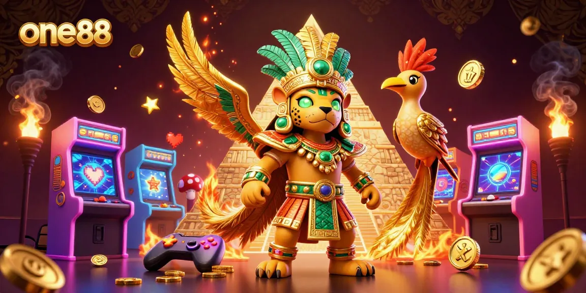 A vibrant one88 casino scene featuring a Mayan jaguar priest surrounded by gaming elements and golden decorations.