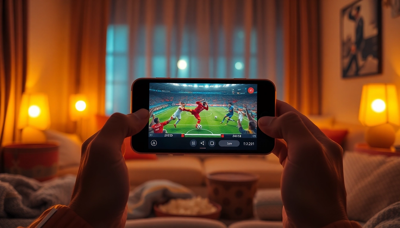 Engaging late-night football streaming on https://cakhiatv.feedback/ depicted on a smartphone with a cozy viewing atmosphere.