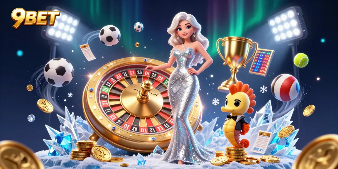Experience thrilling gaming with 9BET's vibrant 3D casino illustration showcasing sports betting excitement.