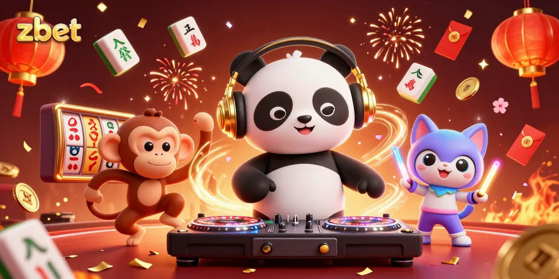 zbet featuring a DJ panda spinning roulette turntables with vibrant casino elements in a celebratory atmosphere